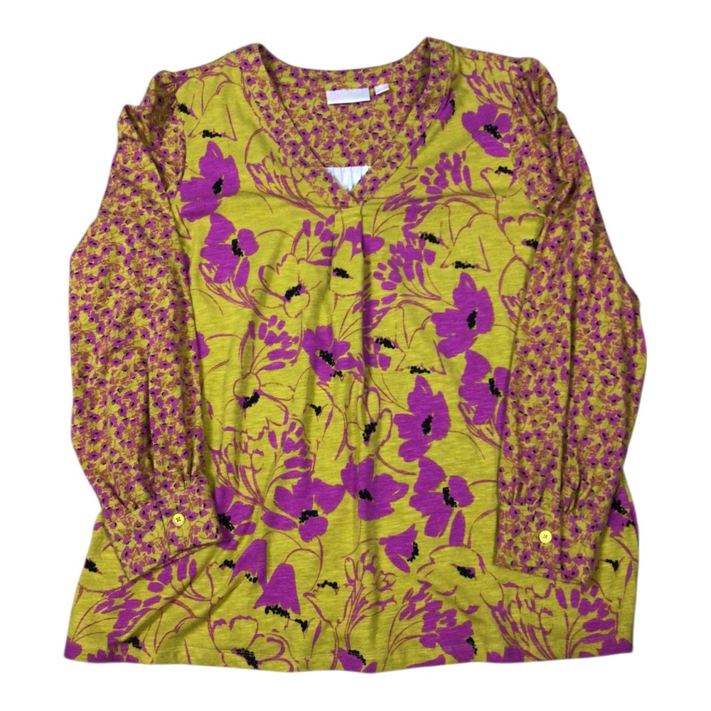 Belle Kim Gravel XL Tunic Top Purple Chartreuse VNeck Cottagecore Boho